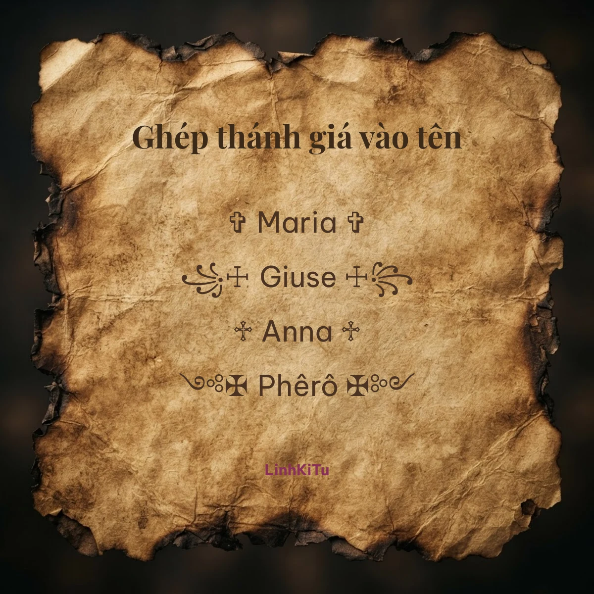 Ví dụ ghép kí tự thánh giá vào tên thánh Maria, Giuse, Anna, Phêrô