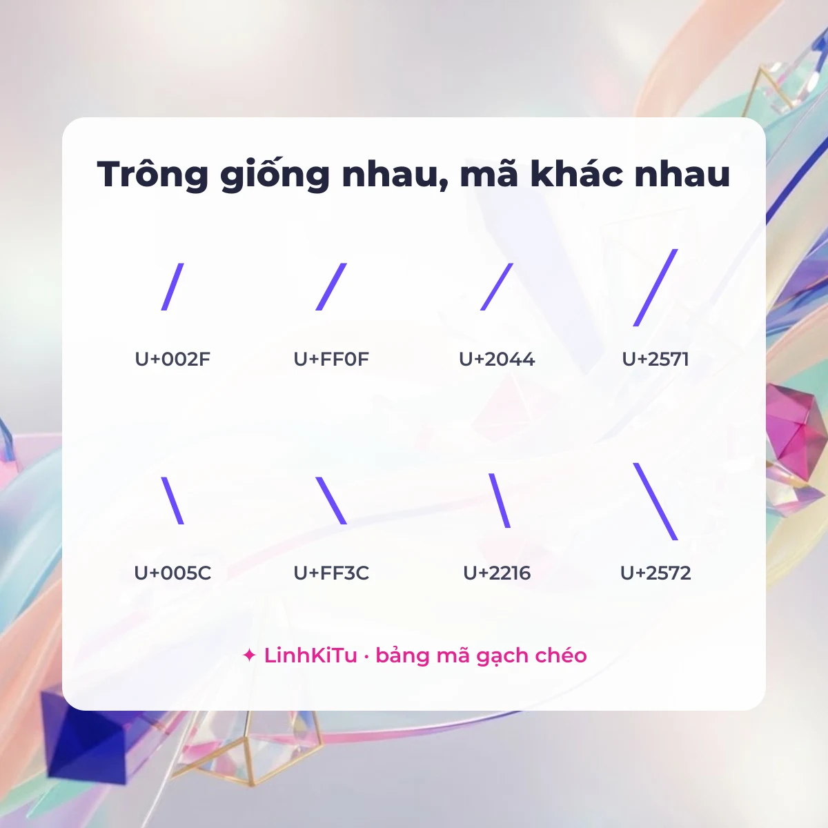 Bảng phân biệt kí tự gạch chéo: U+002F, U+FF0F, U+2044, U+2571 và gạch chéo ngược U+005C, U+FF3C, U+2216, U+2572